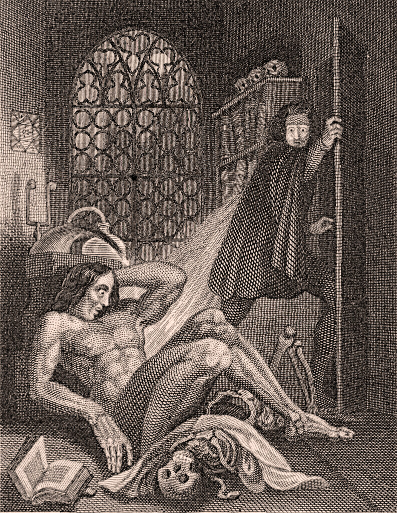 Illustration by Theodor von Holst from the frontispiece of the 1831 edition of Frankenstein.